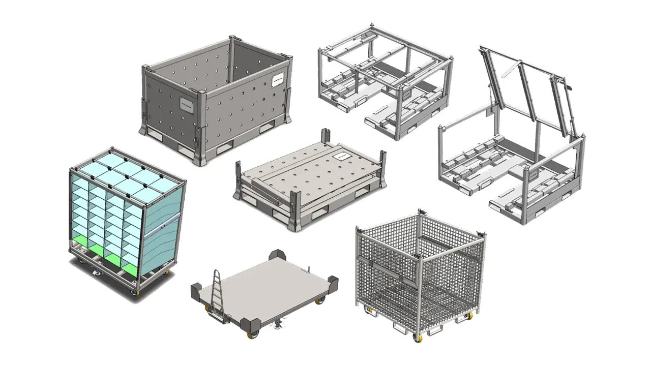 A collection of 3D renders showing various gray industrial storage and transport containers and racks.