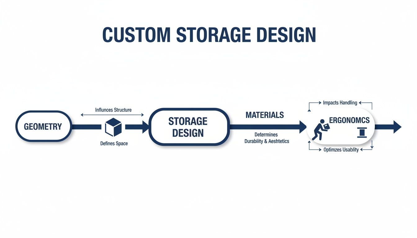 Flowchart illustrating the custom storage design process, detailing geometry, materials, and ergonomics.