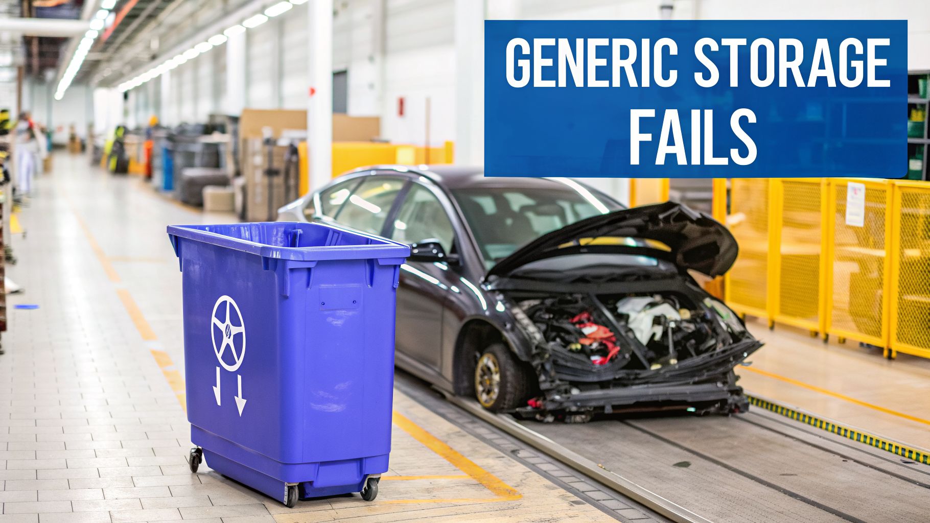 A damaged car on a factory floor next to a blue bin, with a 'Generic Storage Fails' banner.