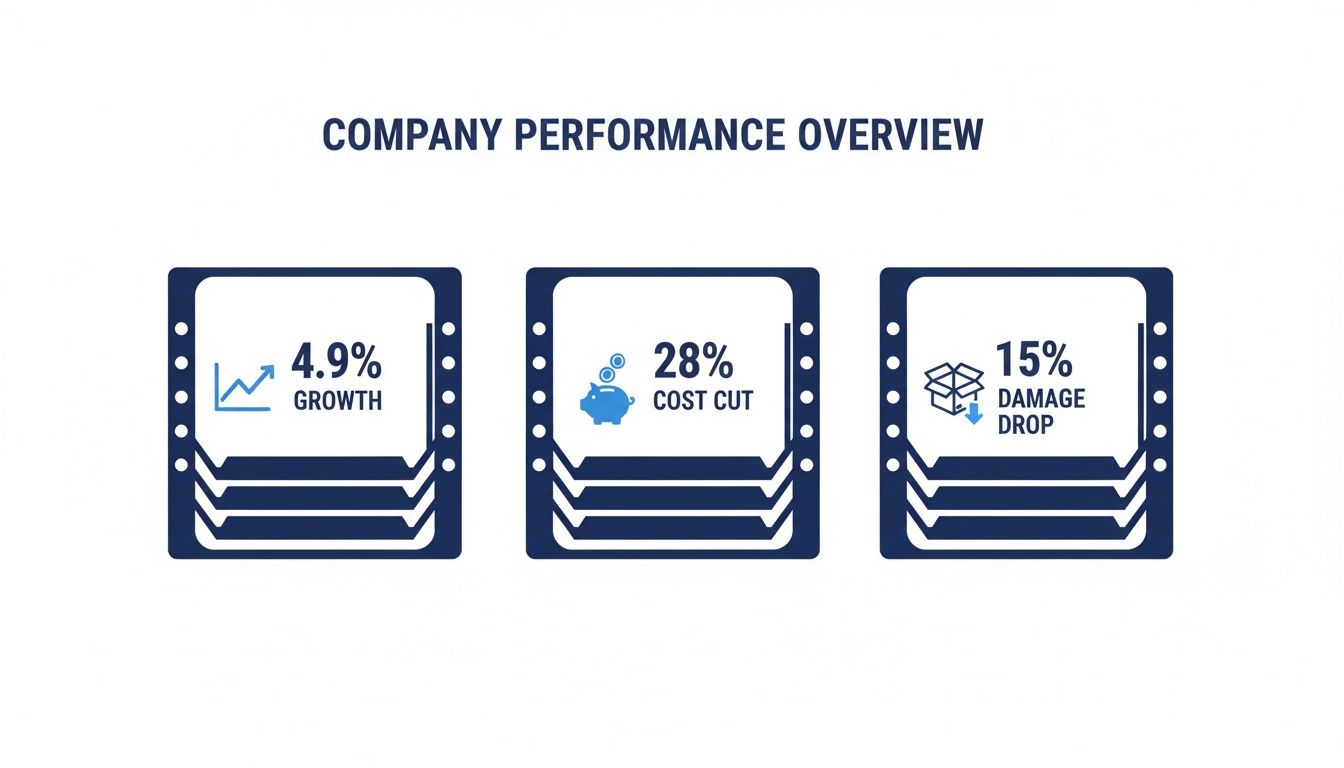 An overview of company performance showing 4.9% growth, 28% cost cut, and 15% damage drop.