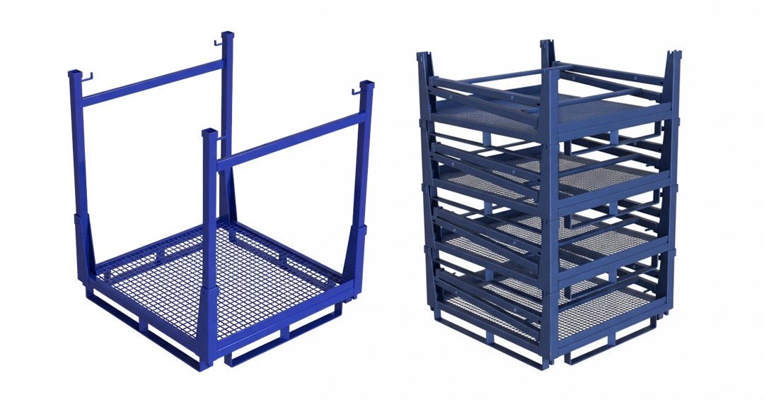 Two blue metal industrial racks, one standalone and one stacked four high, with mesh bases.