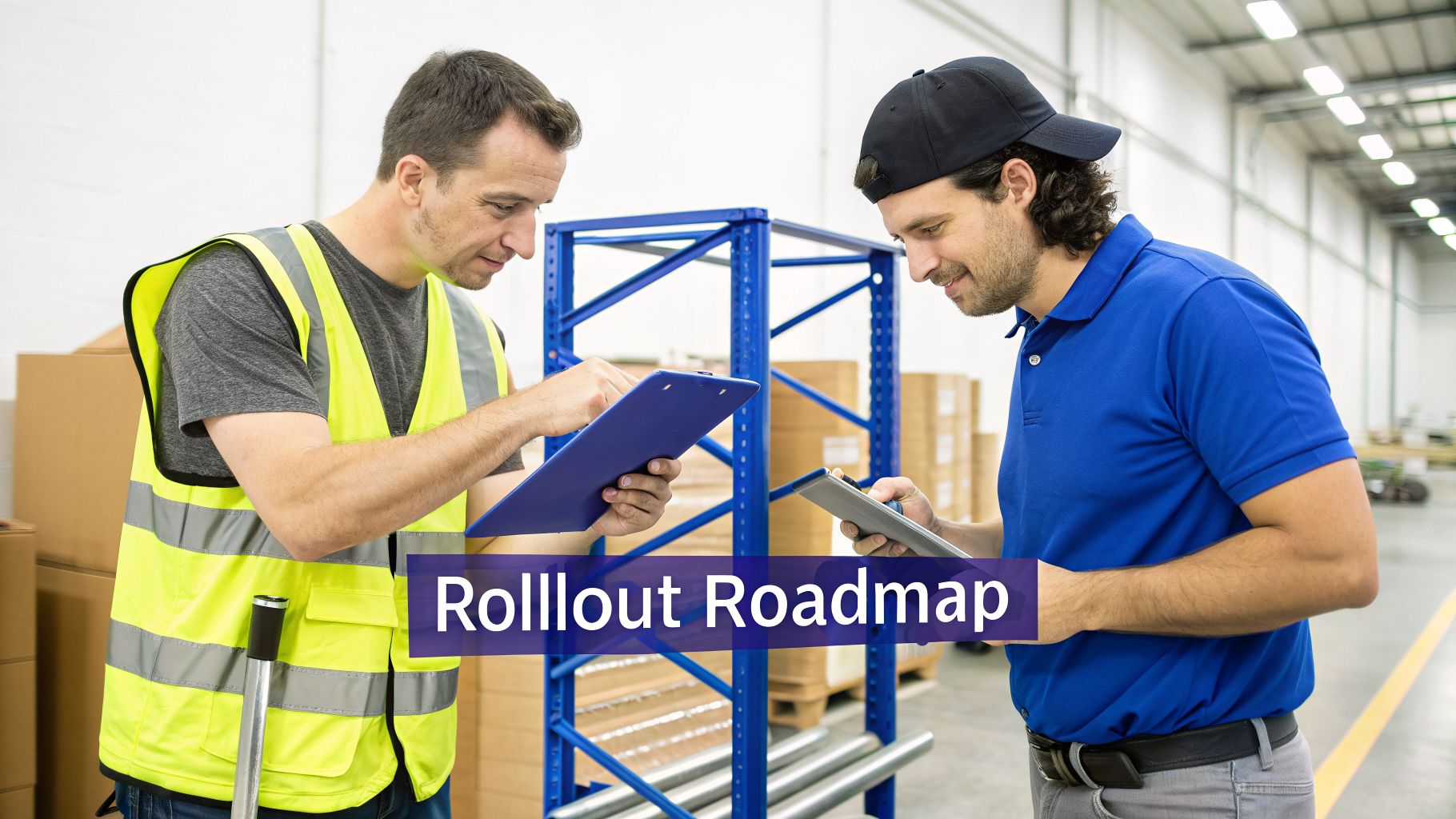 Two male warehouse staff, one in a high-vis vest, discussing plans with a clipboard and tablet.