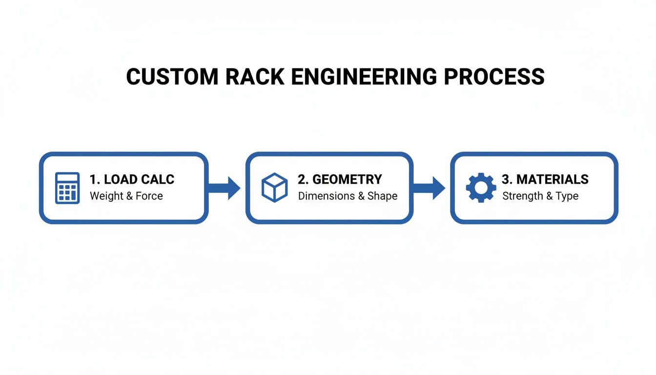 A flowchart showing the custom rack engineering process: load calculation, geometry, and material selection.