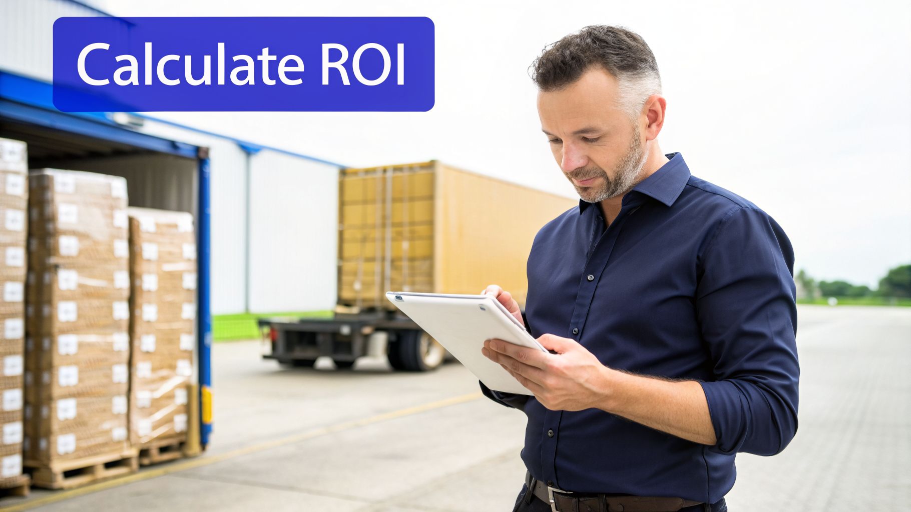 A logistics manager using a tablet to calculate ROI in a warehouse with shipping containers and pallets of goods.