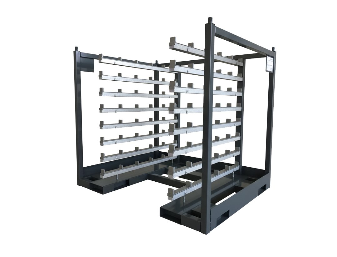 A dark gray industrial storage rack with many light gray horizontal support bars, designed for custom dunnage.