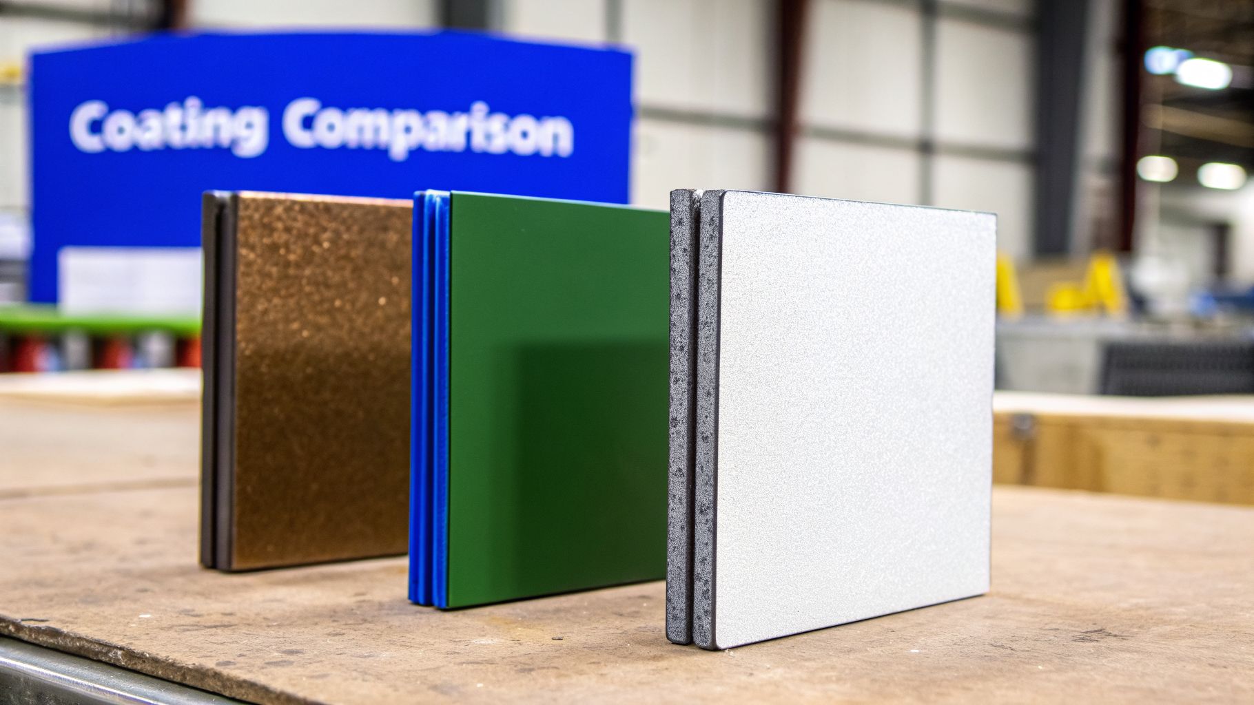 Three coated metal panels (bronze, green, white) on a table for coating comparison.