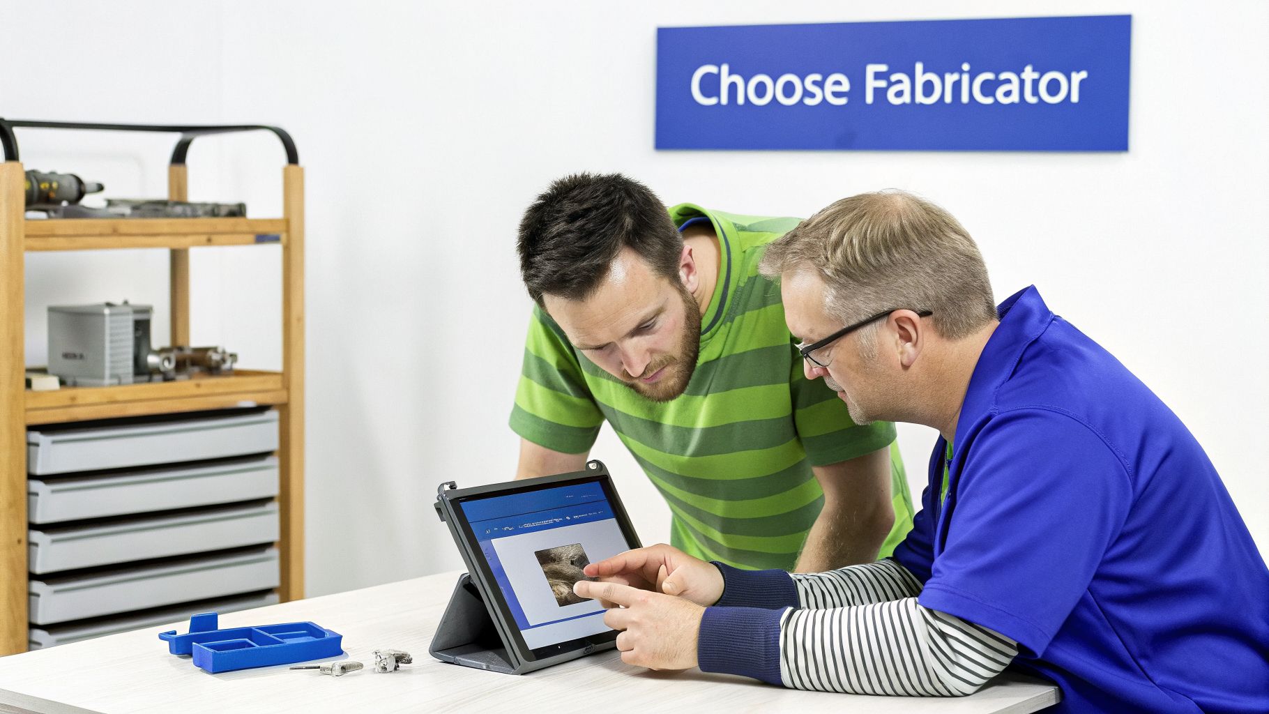 Two men collaboratively reviewing design specifications on a tablet, with small fabrication parts on the table.