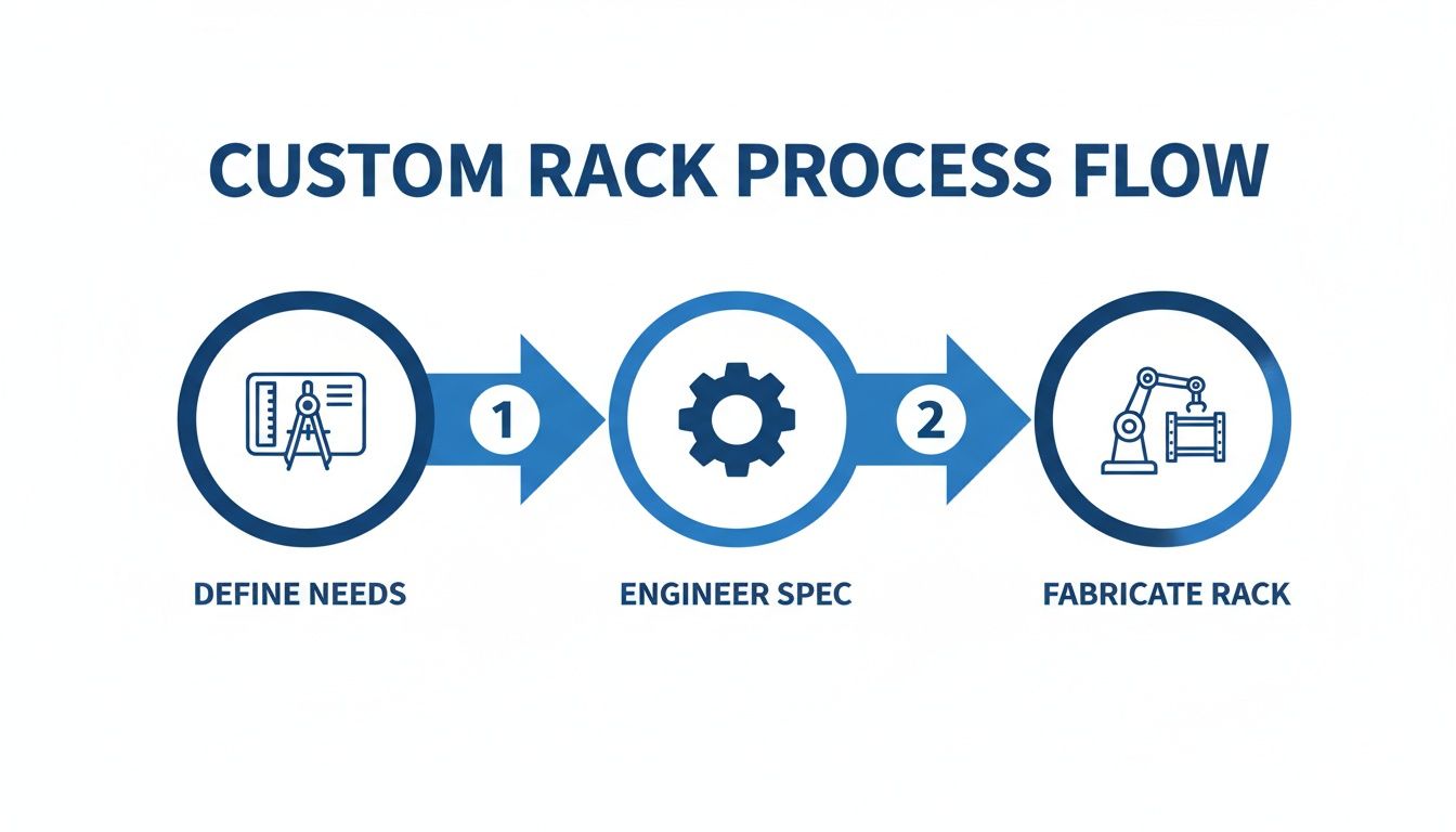 A diagram illustrating the custom rack fabrication process flow with three steps: define needs, engineer spec, and fabricate rack.