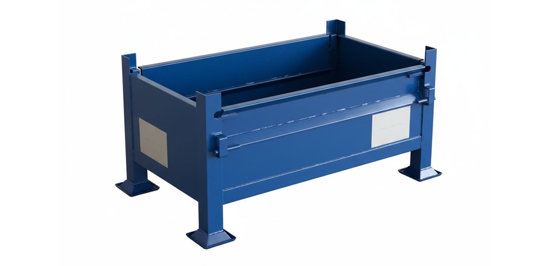 A sturdy blue metal industrial bin with four corner posts and labels on its sides.