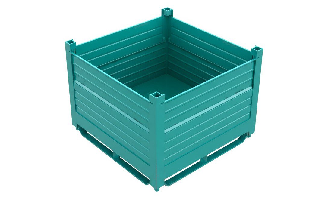 A teal square metal industrial storage bin with slatted sides and corner posts.