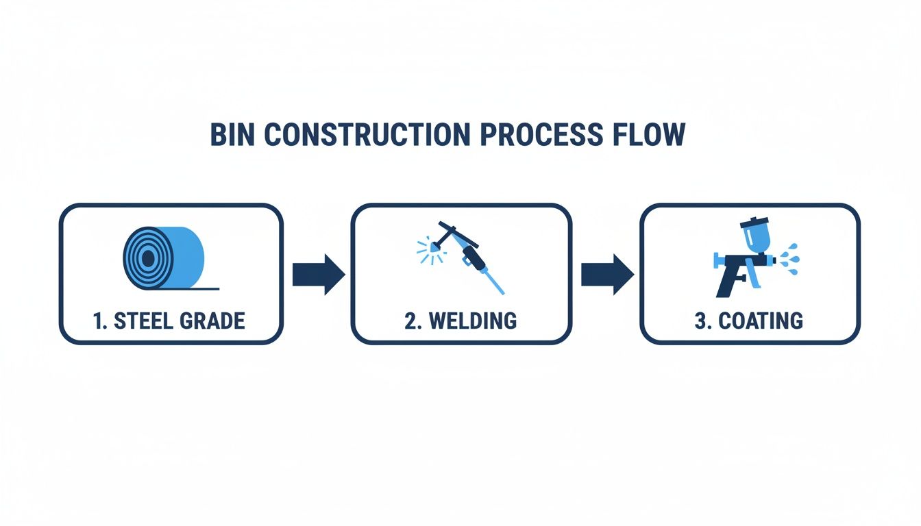 A flowchart illustrates the bin construction process: steel grade selection, welding, and final coating application.
