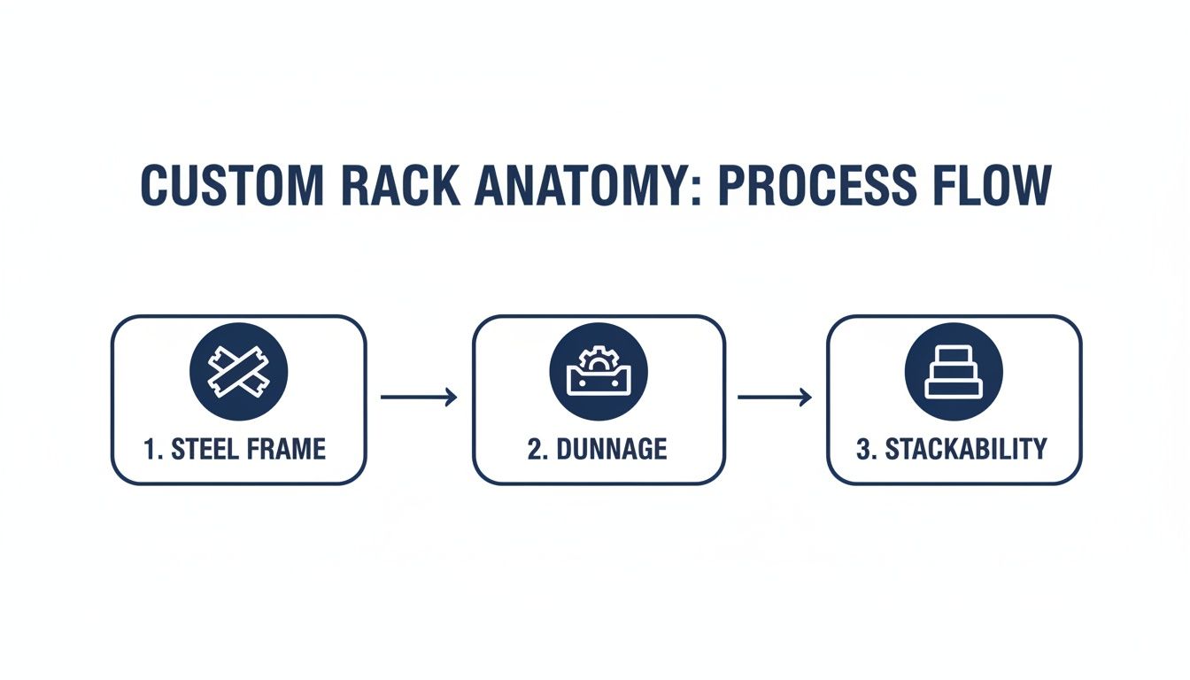 Process flow diagram illustrating custom rack anatomy: steel frame, dunnage, and stackability in sequence.