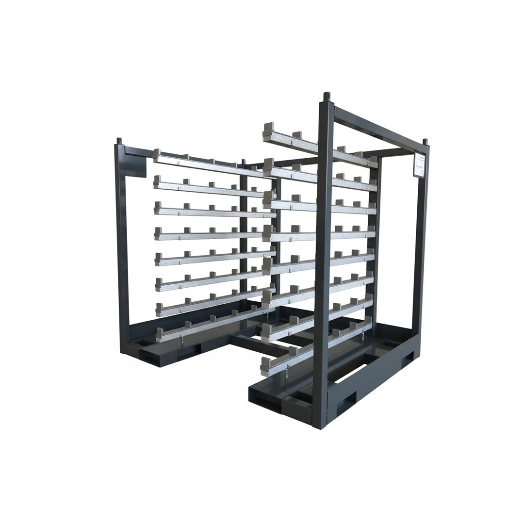 Industrial dark gray metal storage rack with numerous horizontal bars for organized material handling.