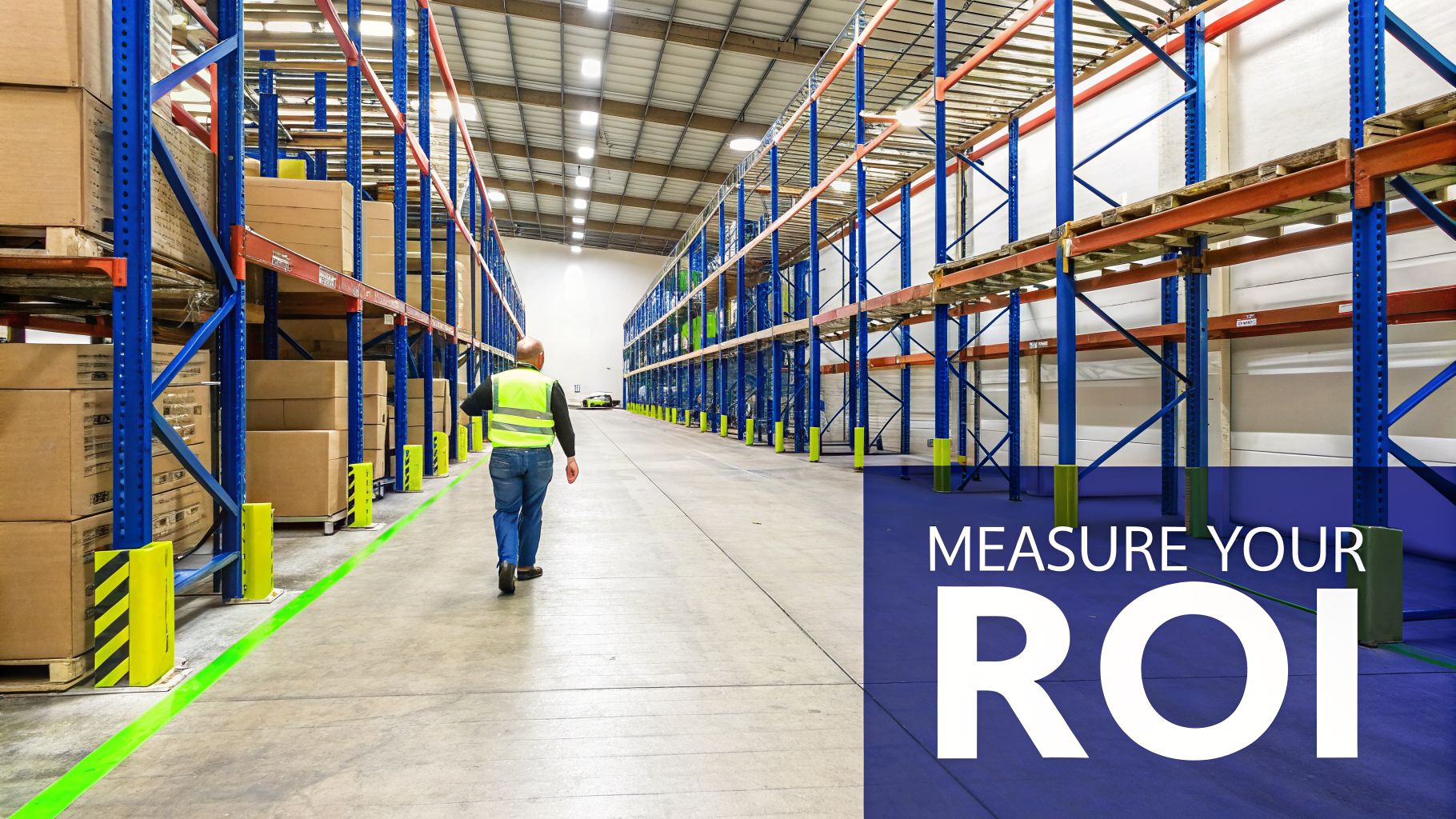 Man in safety vest walks down a wide warehouse aisle lined with tall metal storage racks and boxes.
