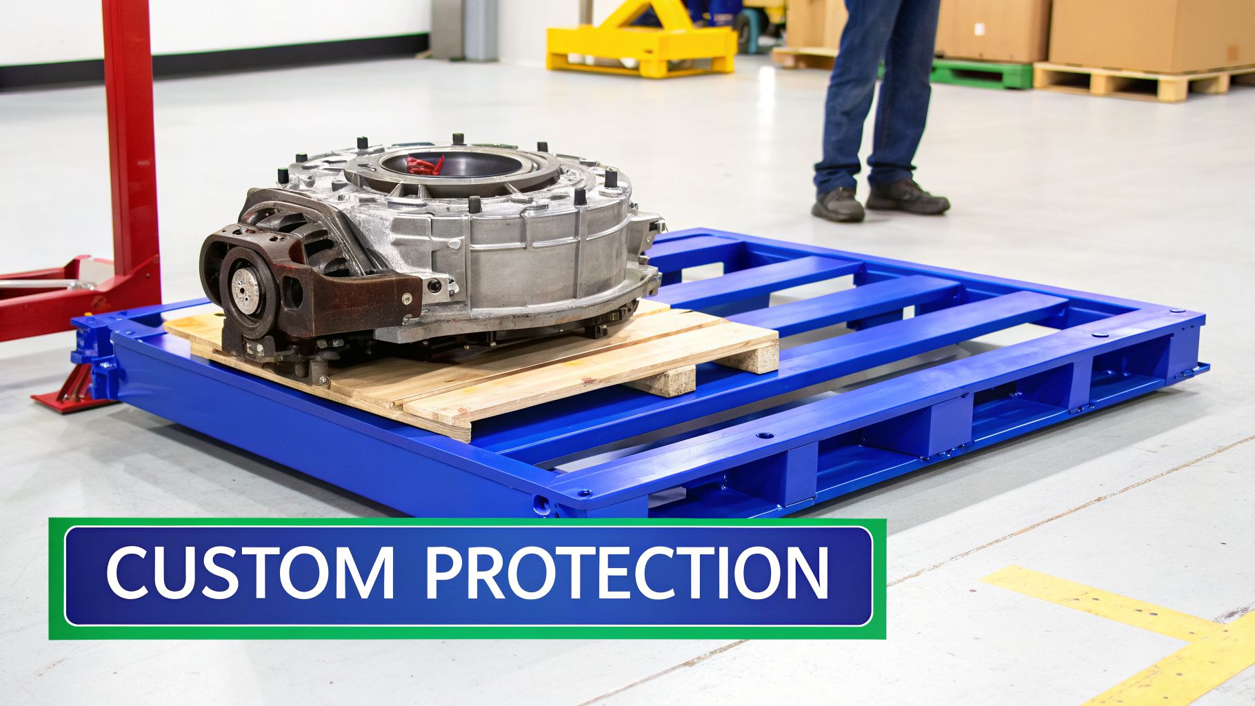A heavy-duty industrial component is secured on a wooden pallet atop a blue steel pallet in a warehouse.