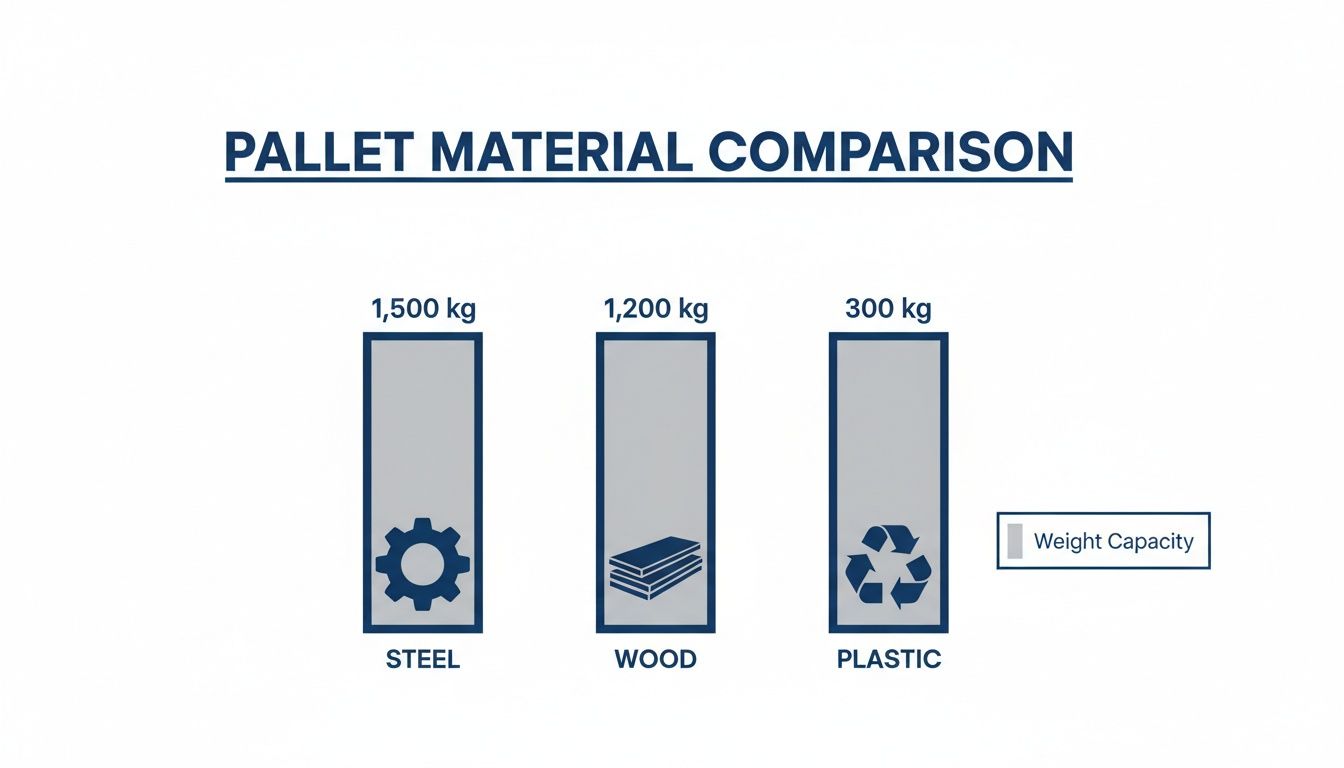 Bar chart comparing the weight capacity of pallets: Steel (1500 kg), Wood (1200 kg), and Plastic (300 kg).