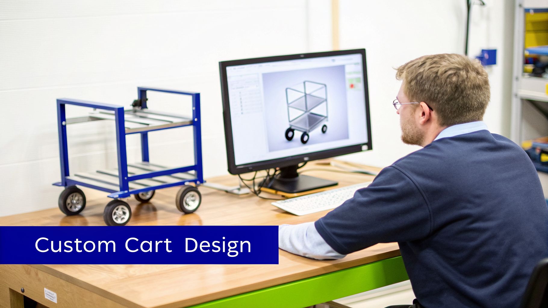 An engineer designs a custom industrial cart, comparing a physical model with its 3D digital rendering.