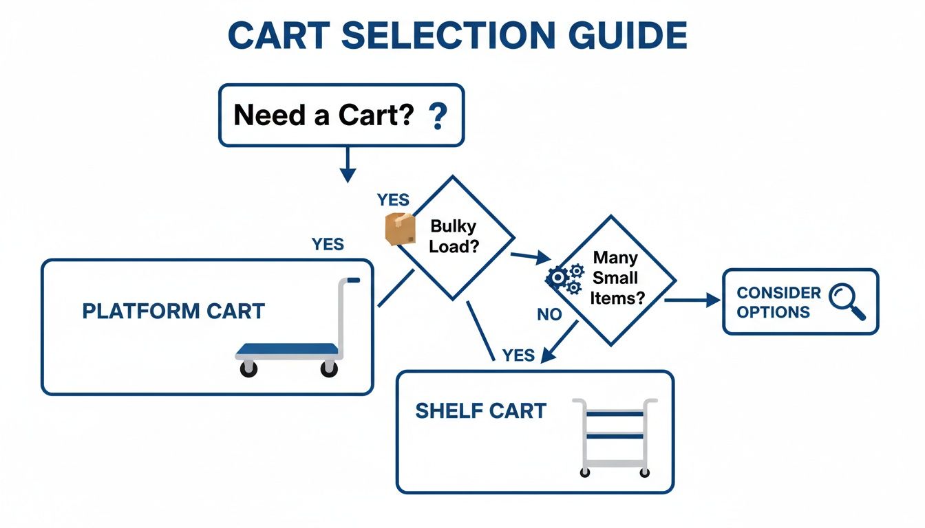 A flowchart guiding cart selection based on load type, leading to platform carts, shelf carts, or other options.