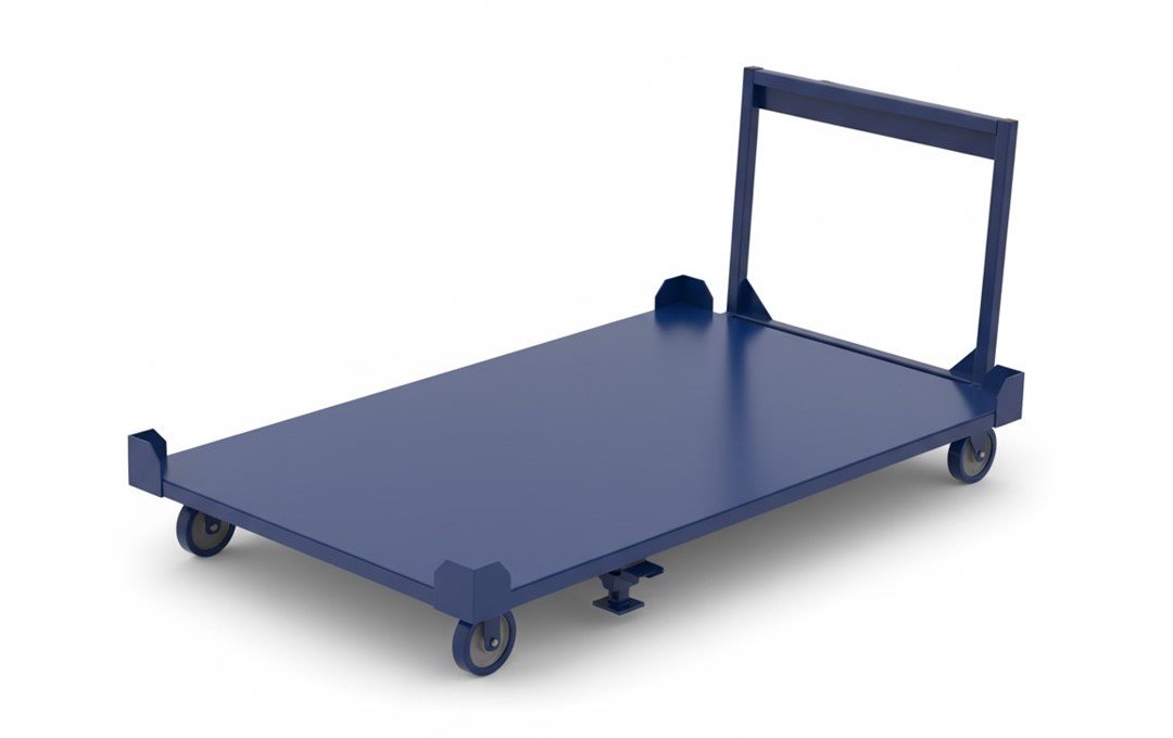 A blue industrial flatbed cart with a handle and wheels, shown on a white background.