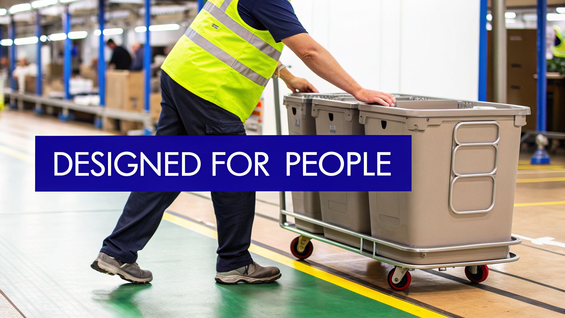 A worker in a high-visibility vest pushes a cart with large beige bins through a warehouse.