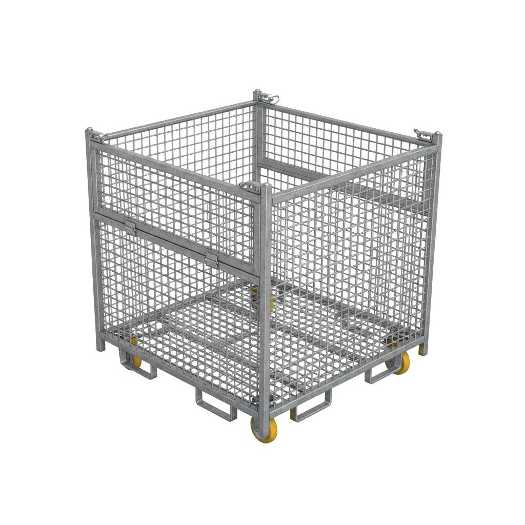 A large, square, galvanized metal mesh bin with a hinged door on the front and four yellow wheels.