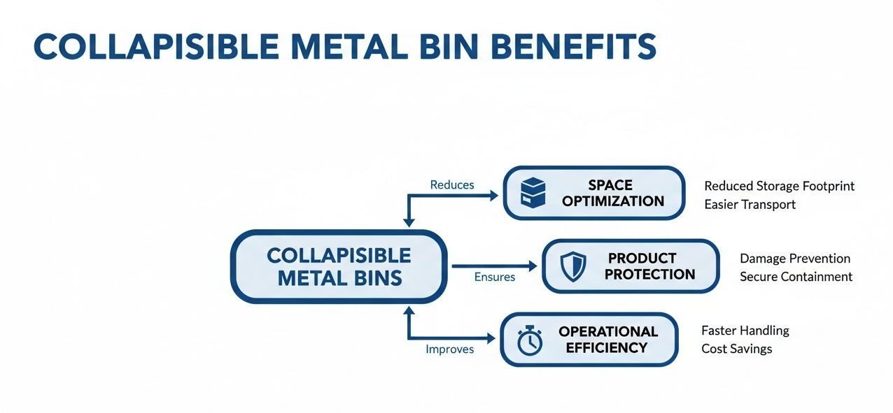 Flowchart illustrating the benefits of collapsible metal bins: space optimization, product protection, and operational efficiency.