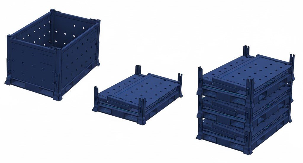 Three views of a dark blue collapsible bin: assembled, collapsed flat, and stacked for storage.