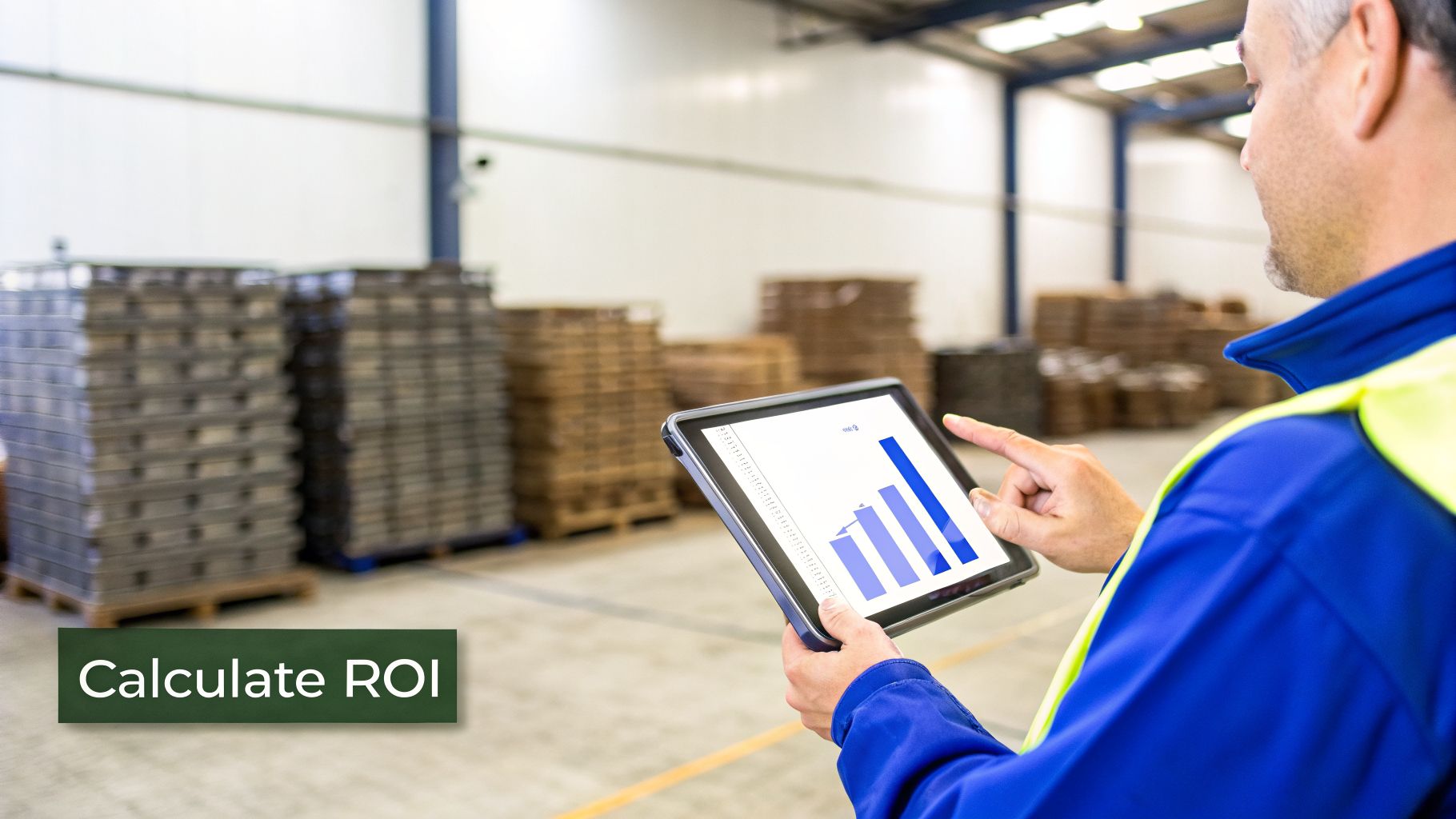 Worker in a warehouse analyzing ROI data on a tablet with a bar chart, calculating returns.