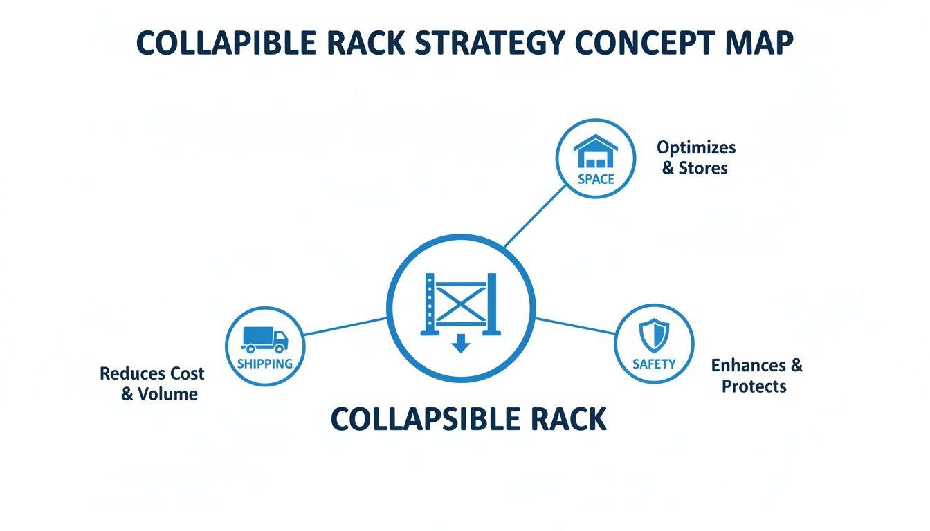 Concept map illustrating the strategy and benefits of collapsible racks for shipping, space, and safety.