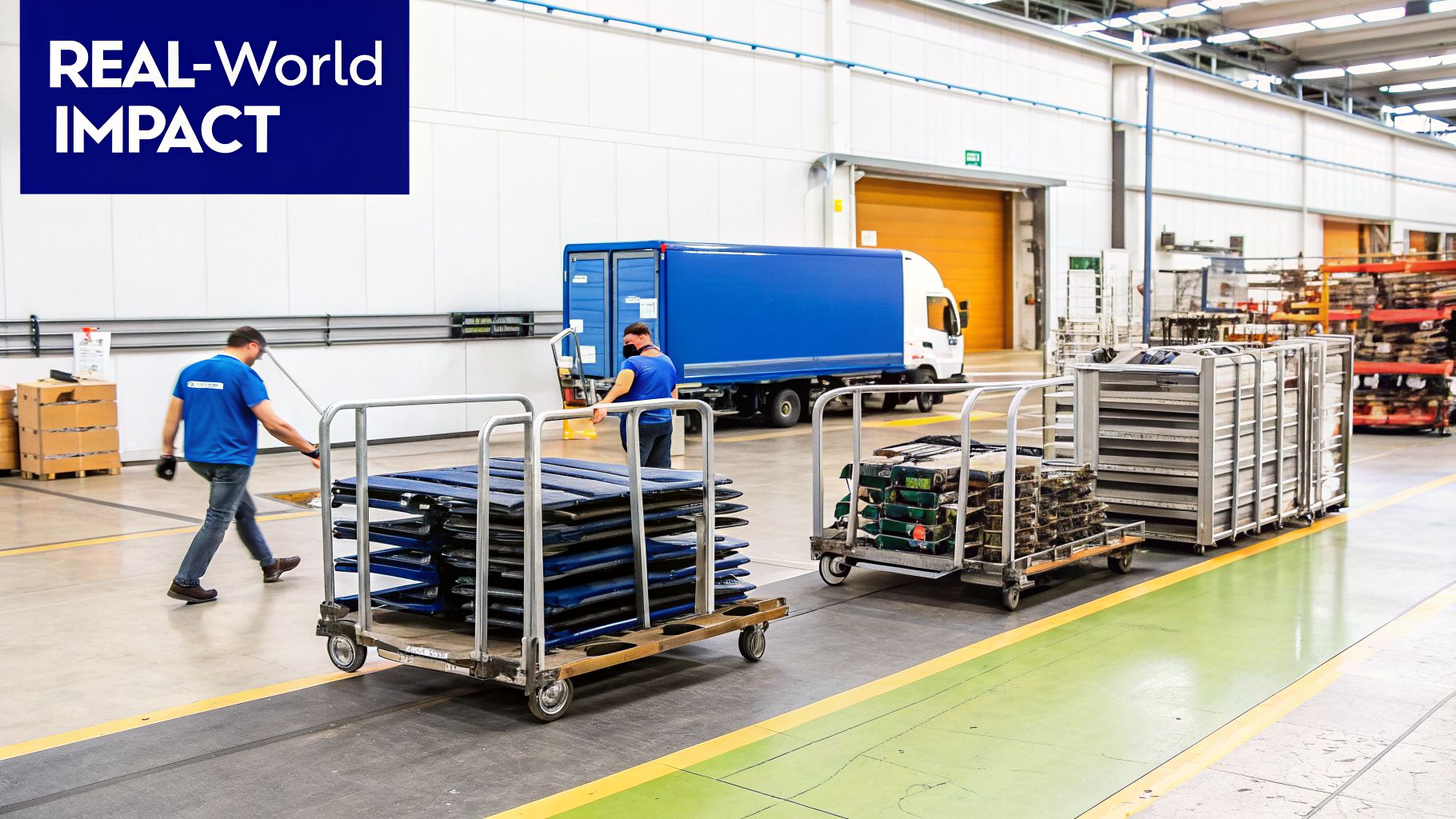Workers moving collapsible metal racks and parts on trolleys in a busy factory setting with a delivery truck.