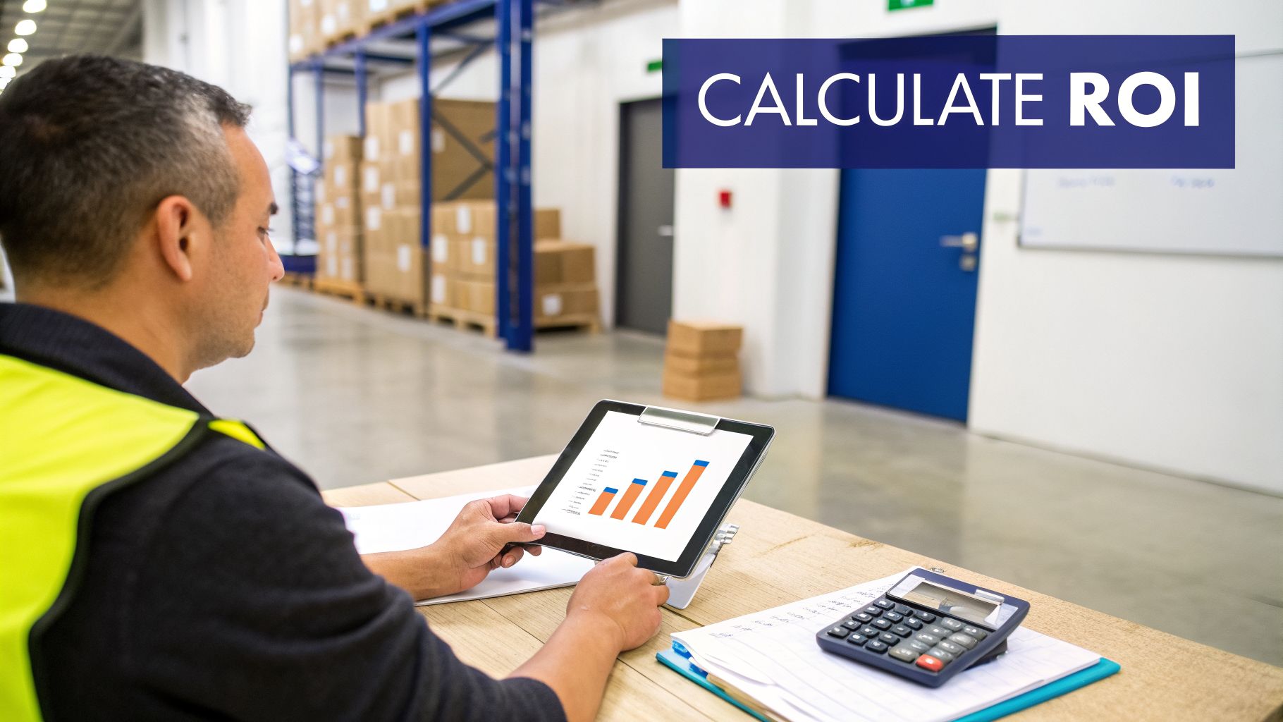 Man in high-visibility vest analyzing ROI data on a tablet in a warehouse.
