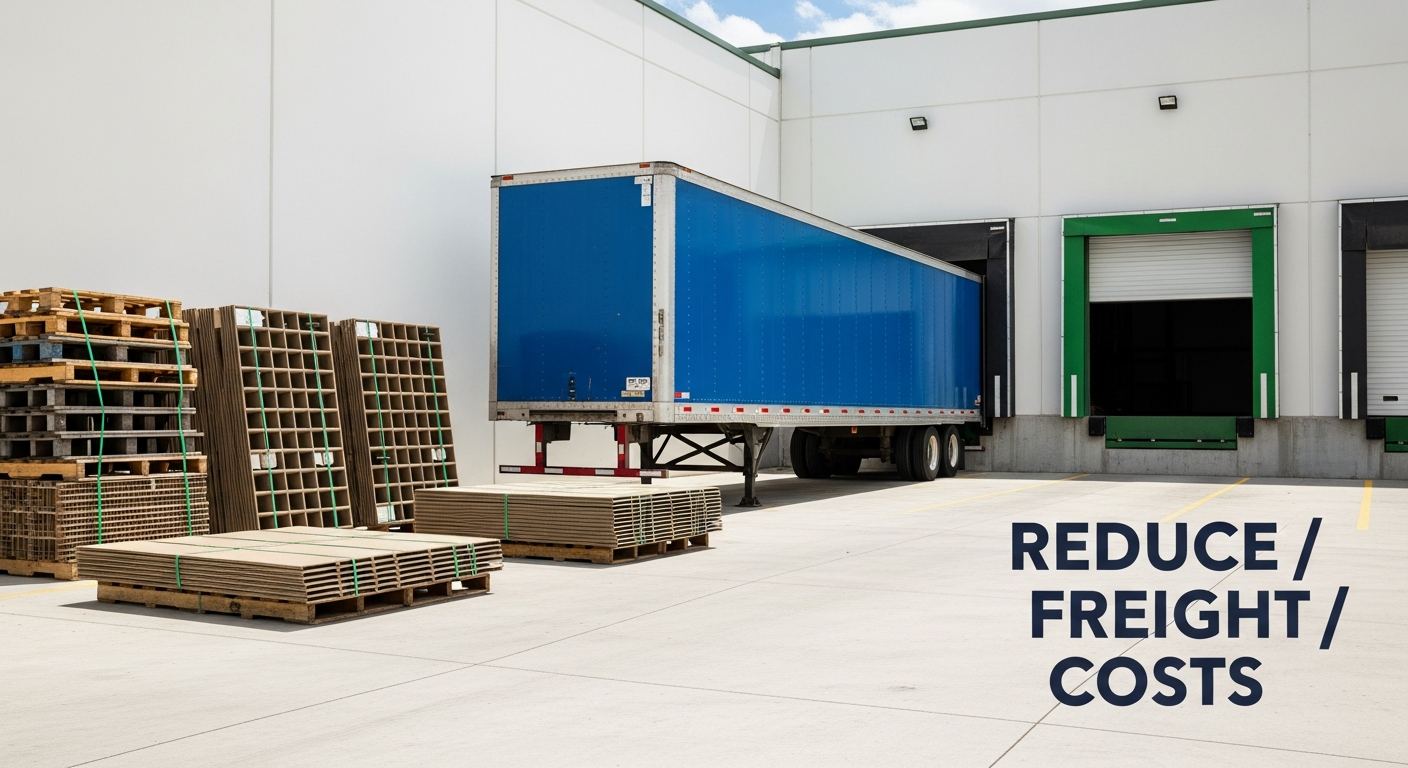 corrugated dunnage pallets staged at loading dock ready to reduce freight costs per shipment