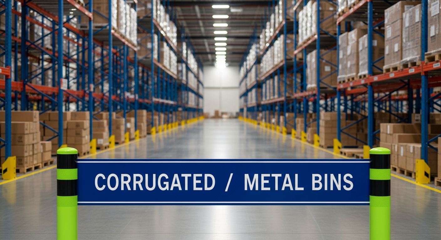 corrugated metal bins sign in an industrial warehouse setting