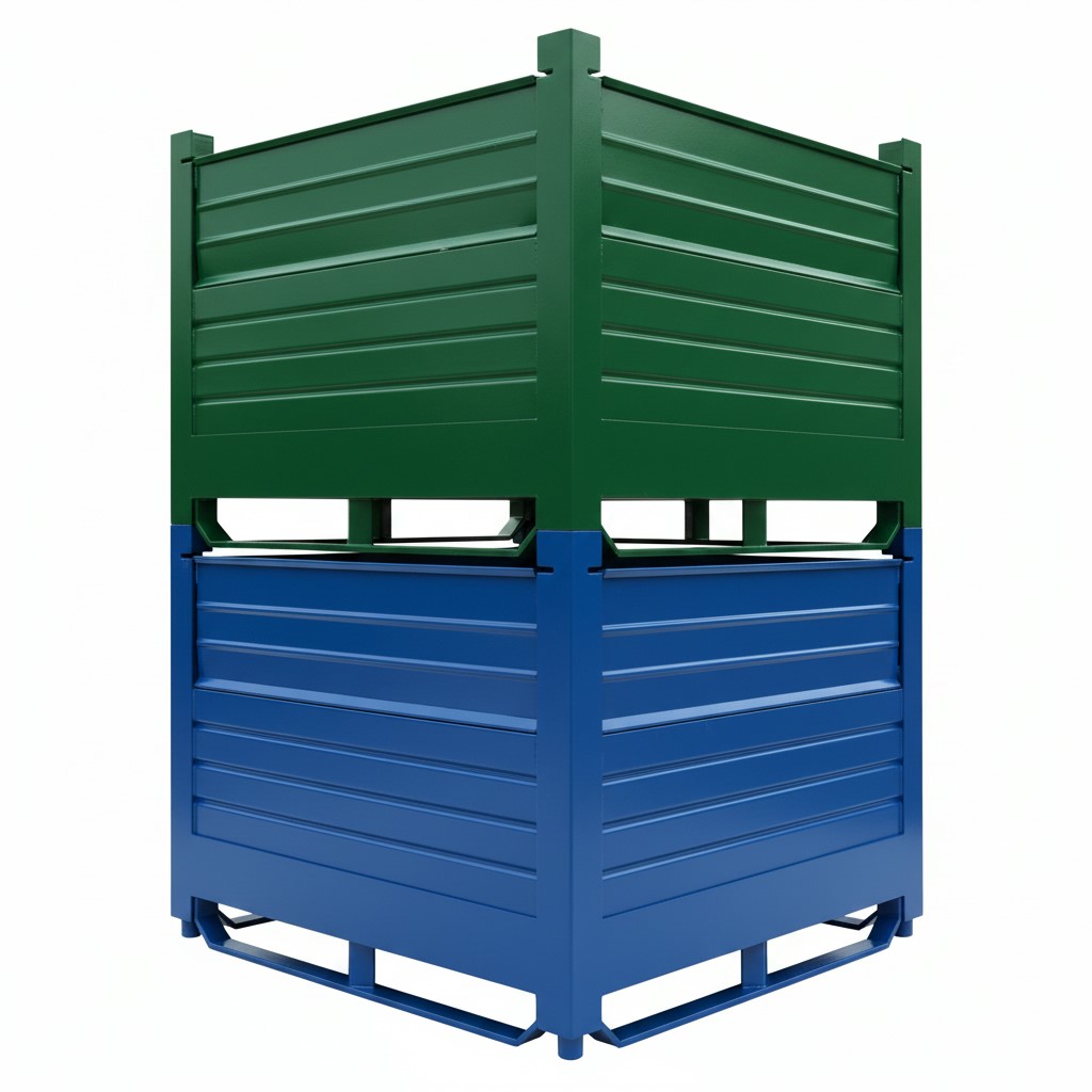 corrugated metal bins on warehouse floor with save floor space badge
