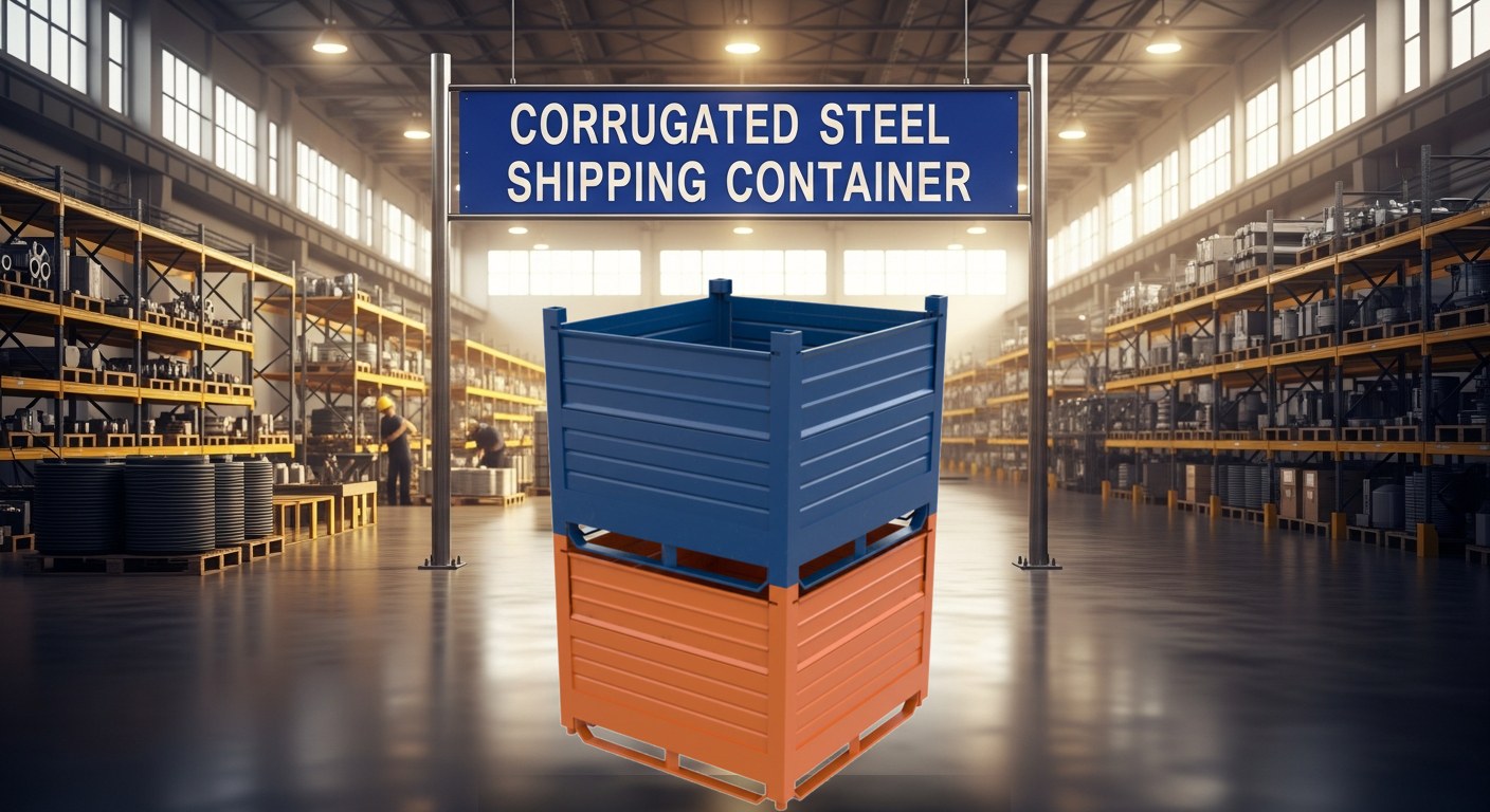 corrugated steel shipping container in an industrial manufacturing warehouse setting