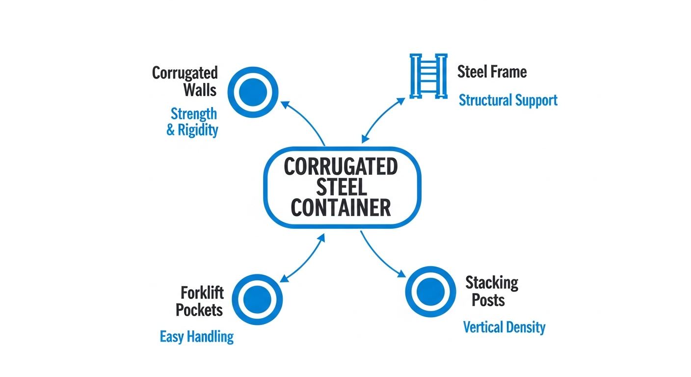 corrugated steel shipping container anatomy infographic showing corrugated walls, steel frame, forklift pockets, and stacking posts overview