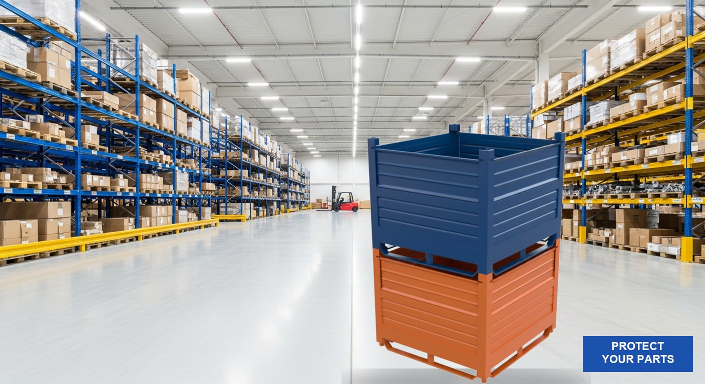 corrugated steel shipping containers stacked two-high in warehouse with protect your parts label