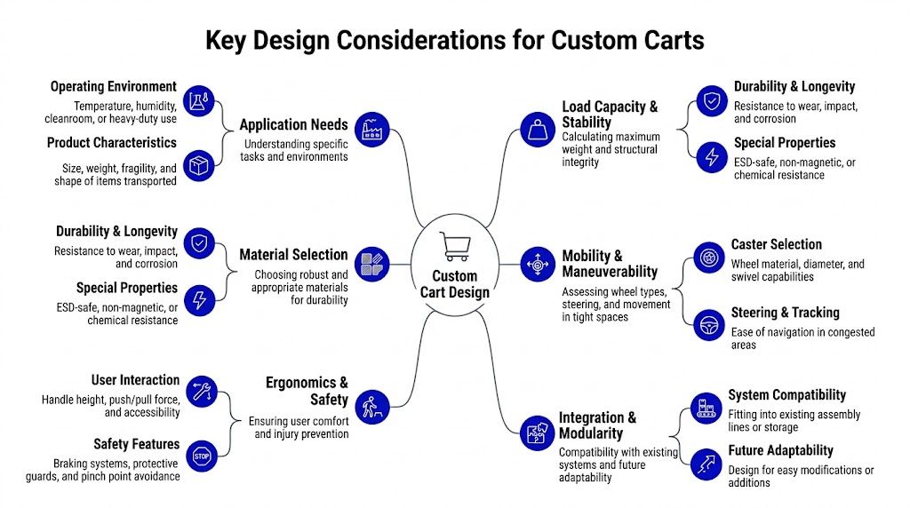 A diagram outlining key design considerations for creating custom material handling carts for industrial and commercial environments.