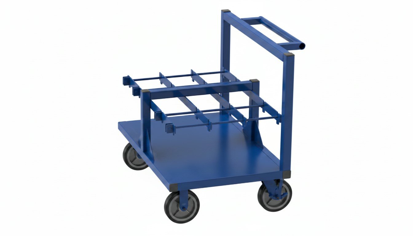 Blue custom material handling cart with partitioned upper deck and four wheels on a white background.
