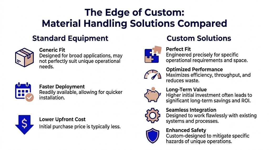 A comparison chart showing the differences between standard equipment and custom material handling solutions for warehouse operations.