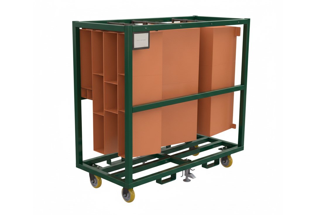 A green industrial sorting cart with multiple shelves, some holding brown boxes, on wheels.