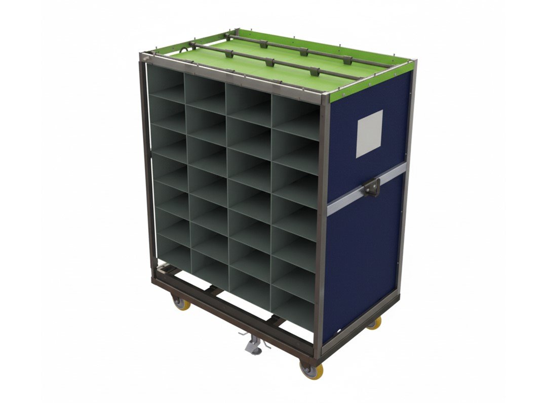 A multi-compartment mobile cart for sorting items, featuring blue sides and a green top.