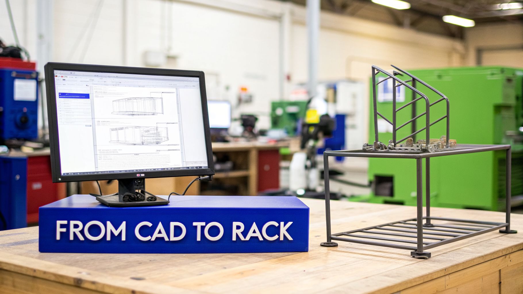 A computer monitor displays CAD designs next to a miniature custom metal rack in a workshop, illustrating the 'FROM CAD TO RACK' process.