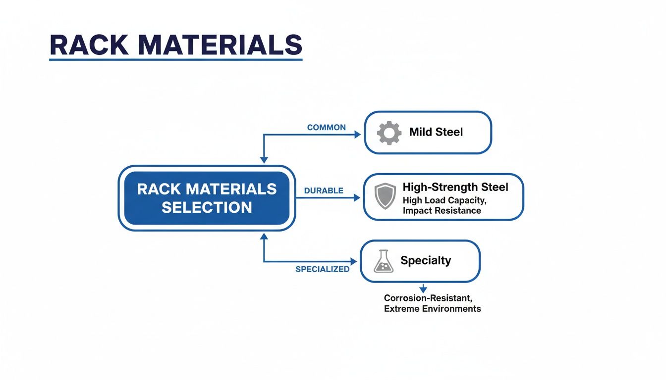 Flowchart detailing rack material selection: Mild Steel (common), High-Strength Steel (durable), and Specialty options.