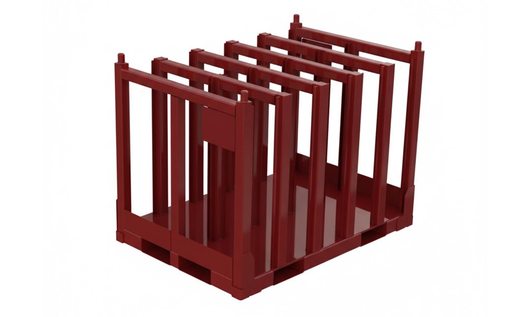 A dark red custom metal rack with multiple vertical dividers, designed for organized storage.