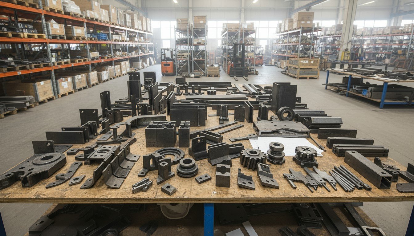 Various custom steel components displayed on a wooden table in a spacious industrial warehouse.