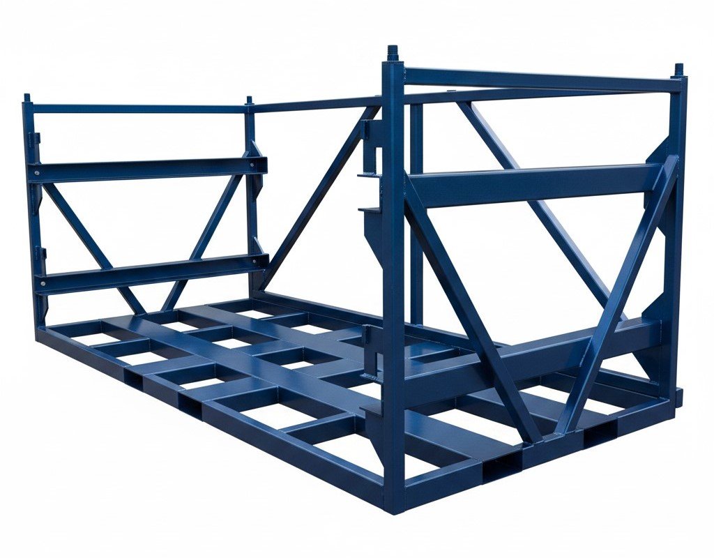A heavy-duty, dark blue metal stacking frame or dunnage rack on a white background.