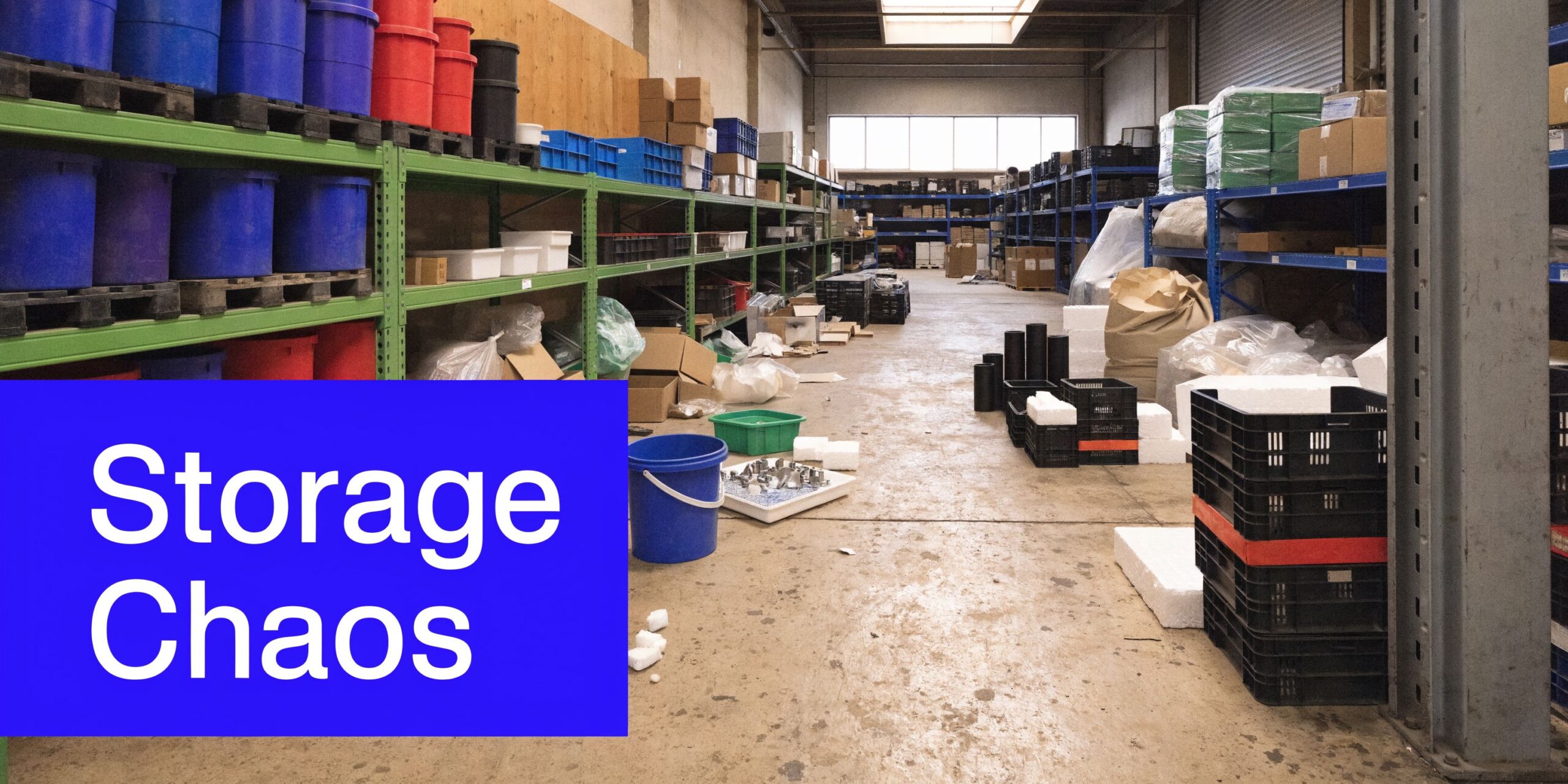 A messy warehouse aisle featuring storage racks filled with plastic barrels, bins, and scattered cardboard shipping boxes.
