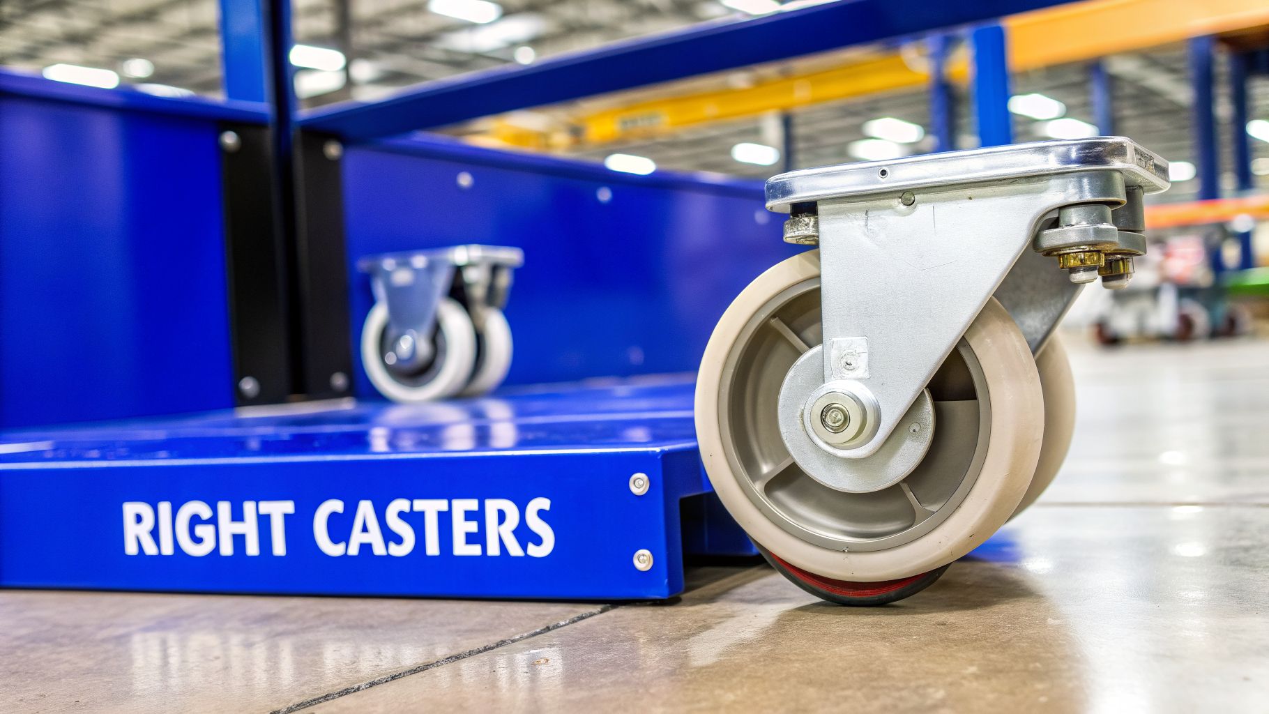 Close-up of a blue industrial cart's heavy-duty casters with 'RIGHT CASTERS' label in a warehouse.