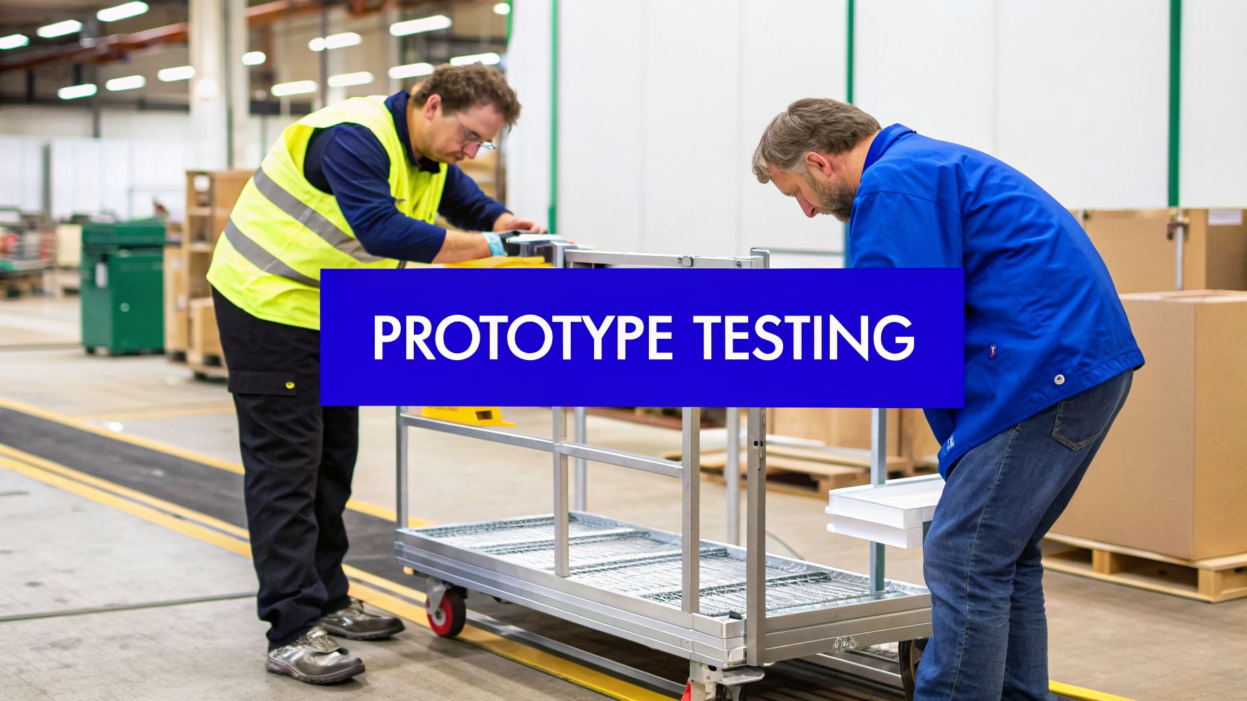 Two men in a warehouse inspecting a metal prototype cart, engaged in prototype testing.